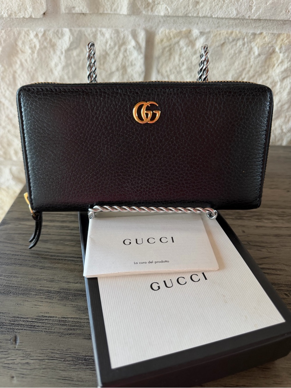 Gucci GG Marmont Authentic Black Leather Zippy Wallet Gold